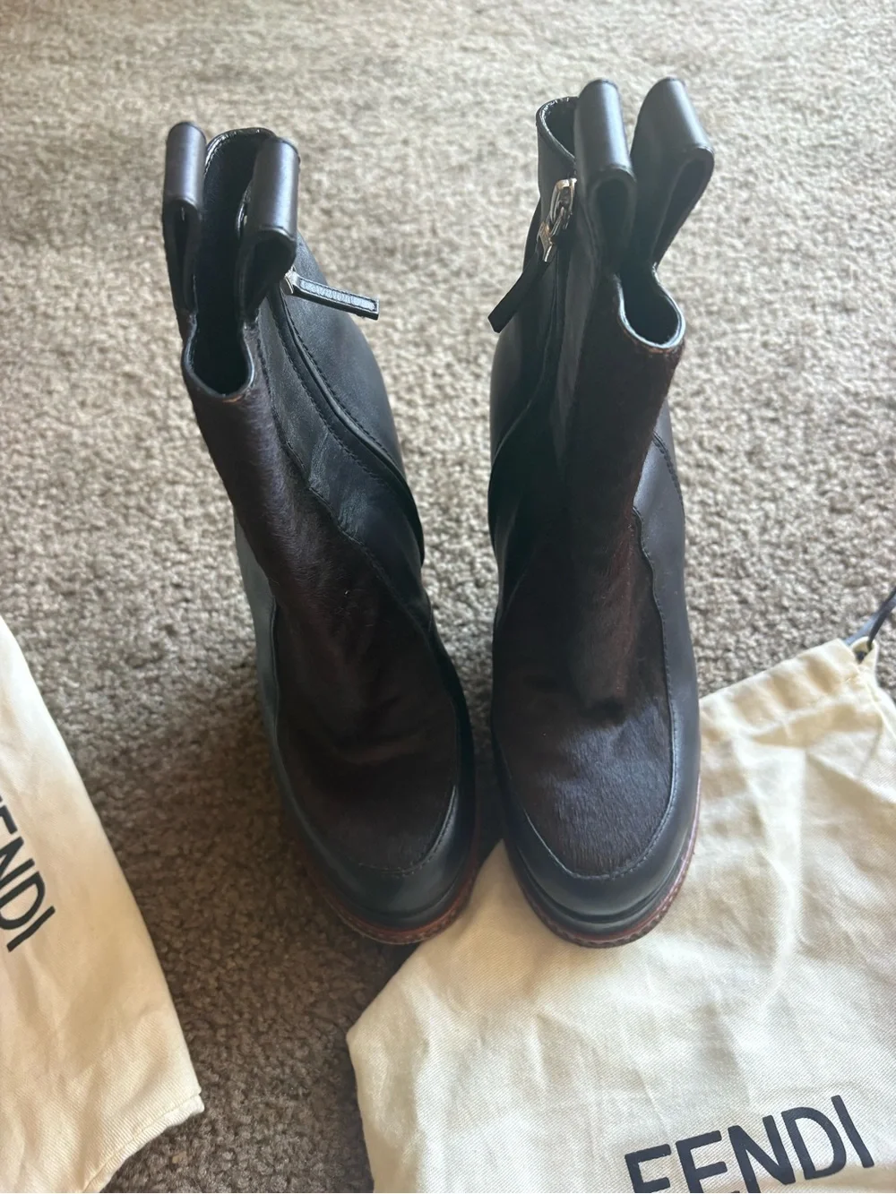 Fendi Black Leather & Dark Brown Suede Sculpted Wedge Ankle Boots